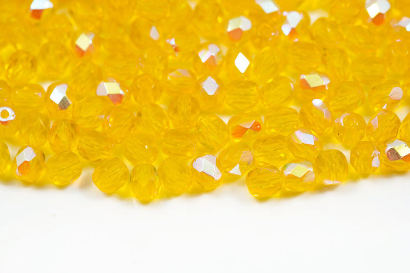 Czech Fire Polished 4mm Lt.Yellow AB Round Beads