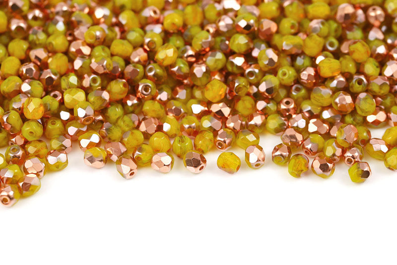 Czech Fire Polished 4mm Opal Lemon Capri Gold Round Beads