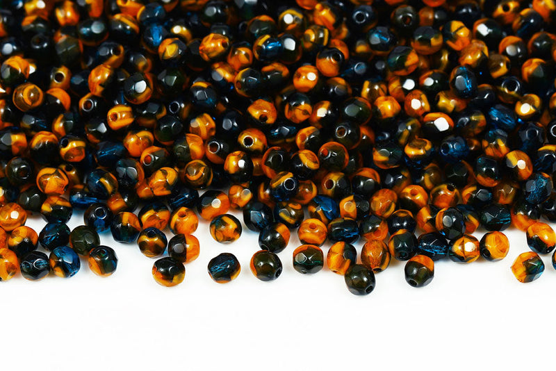Czech Fire Polished 4mm Opal Lt.Orange&Indicolite Round Beads