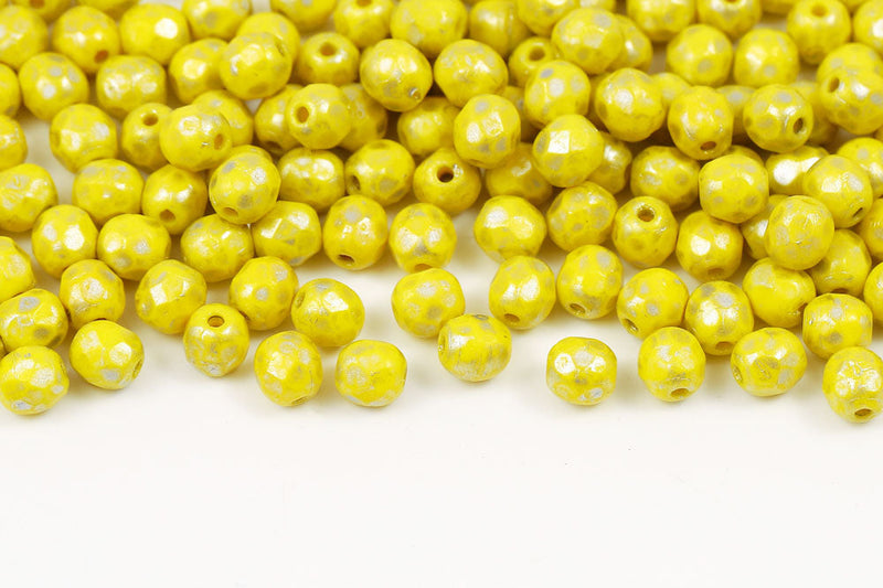 Czech Fire Polished 4mm Lemon Silver Speckle Finish Round Beads