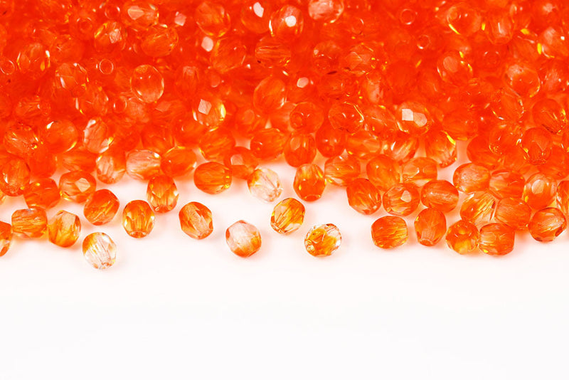Czech Fire Polished 4mm Crystal&Dark Orange Mixed Round Beads