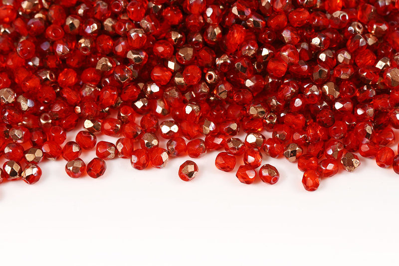 Czech Fire Polished 4mm Lt.Siam Capri Gold Round Beads
