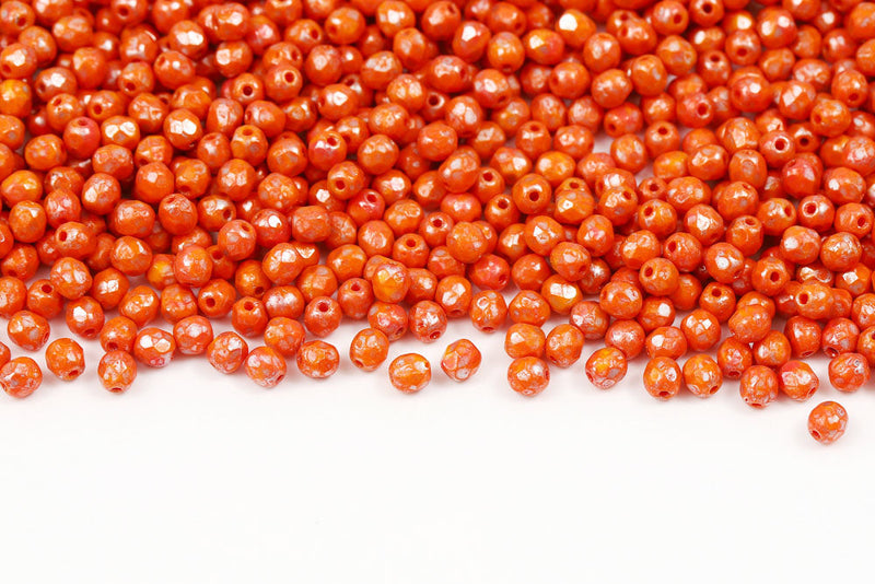Czech Fire Polished 4mm Opaque Orange Silver Speckle Finish Round Beads