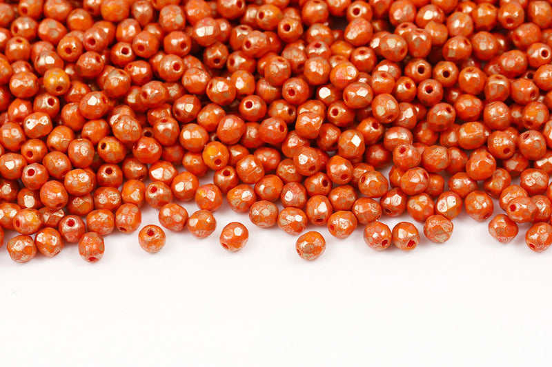 Czech Fire Polished 4mm Opaque Orange Bronze Speckle Finish Round Beads