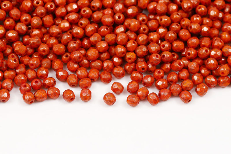 Czech Fire Polished 4mm Opaque Orange Copper Speckle Finish Round Beads