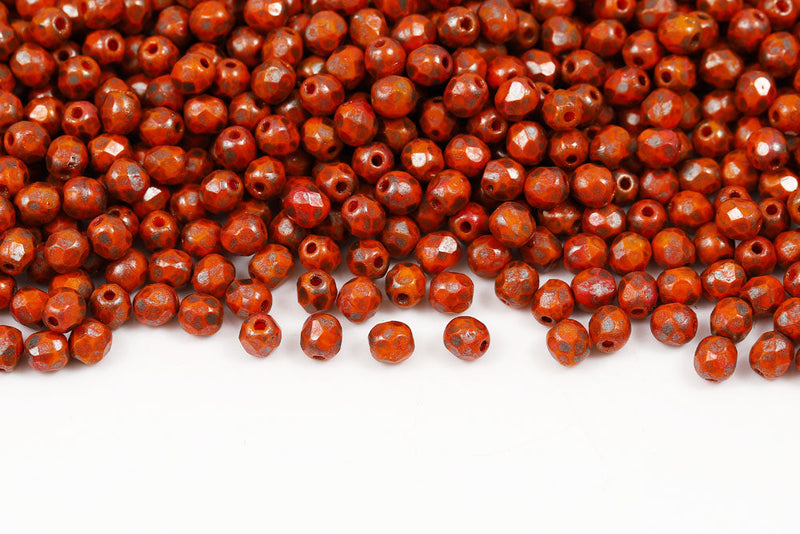 Czech Fire Polished 4mm Opaque Orange Nickel Speckle Finish Round Beads