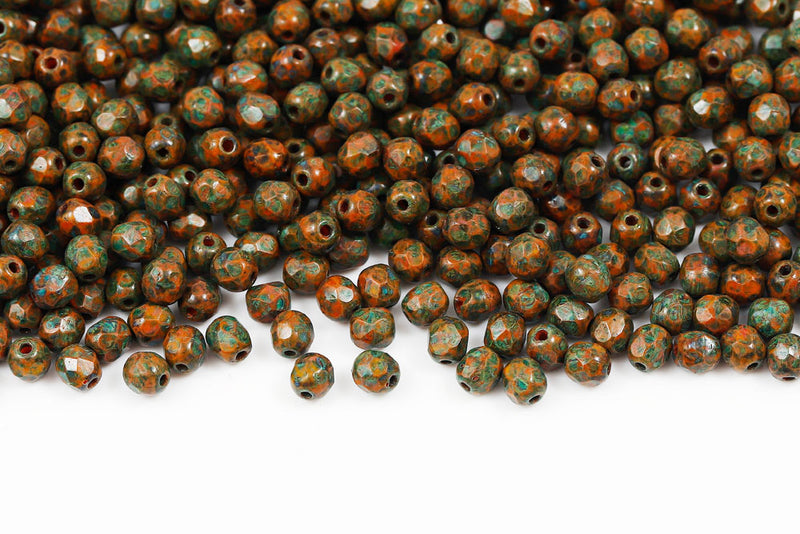 Czech Fire Polished 4mm Cpaque Orange Travertin Sky Blue Finish Round Beads