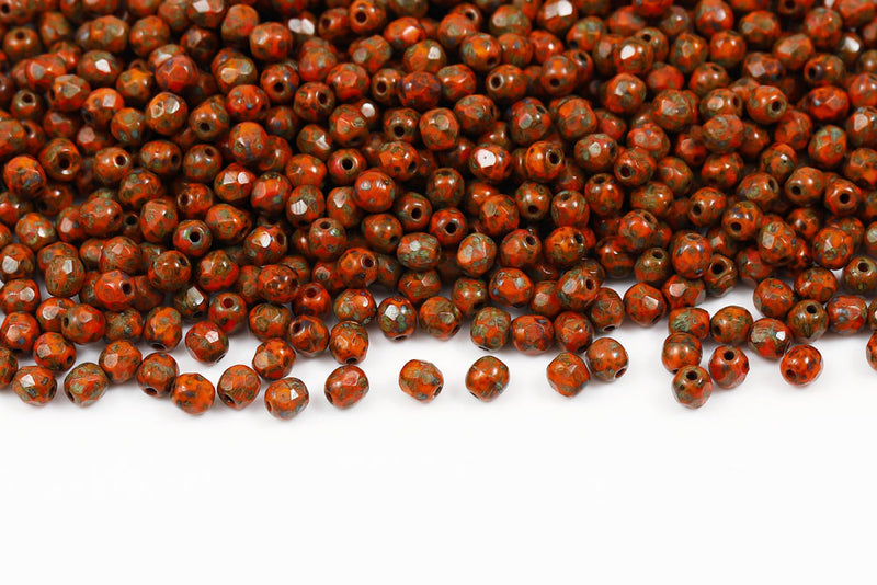 Czech Fire Polished 4mm Opaque Orange Travertin Round Beads