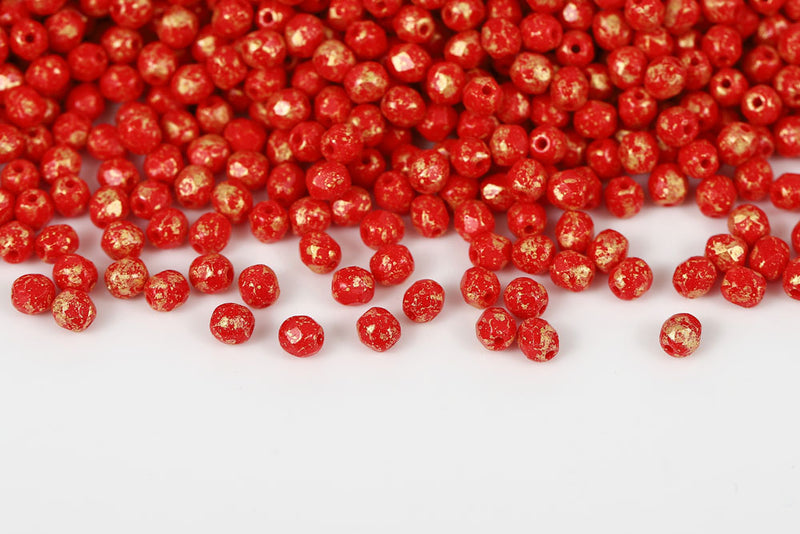 Czech Fire Polished 4mm Gold Splash Opaque Coral Red Round Beads