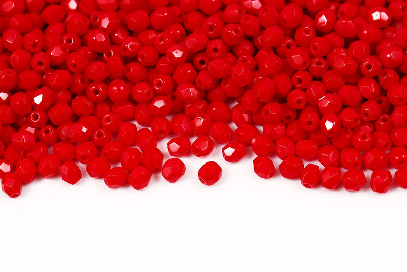 Czech Fire Polished 4mm Opaque Coral Red Round Beads