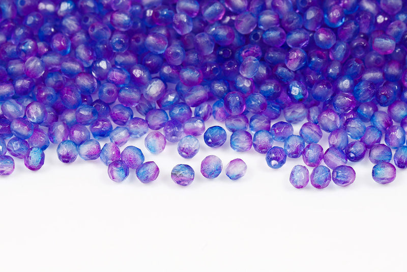 Czech Fire Polished 4mm Crystal Blue Violet Etched Finish Round Beads