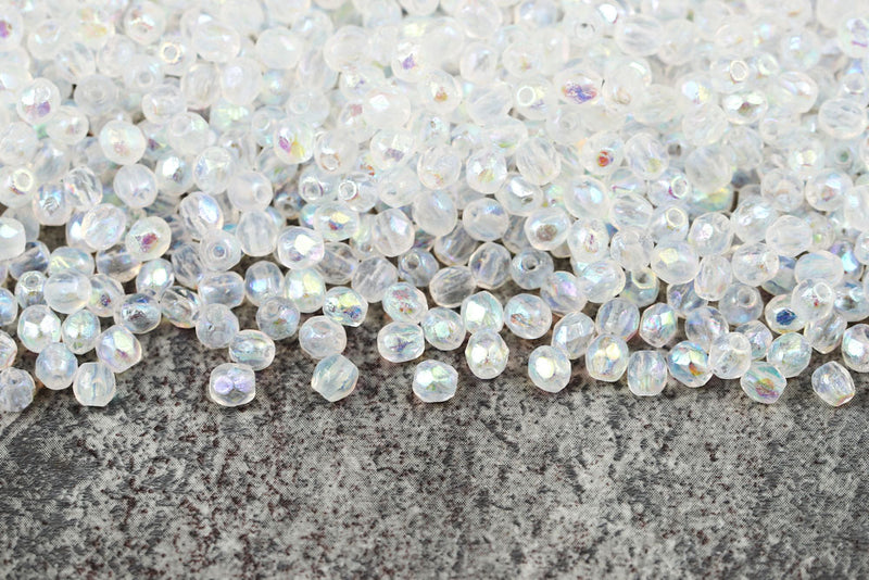 Czech Fire Polished 4mm Crystal AB Full Etched Finish Round Beads
