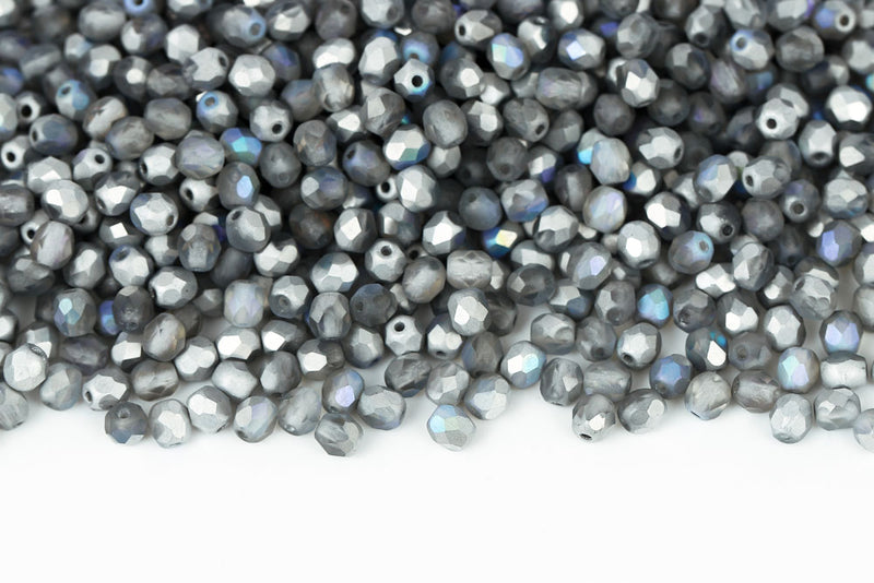 Czech Fire Polished 4mm Crystal Silver Rainbow Matt Round Beads