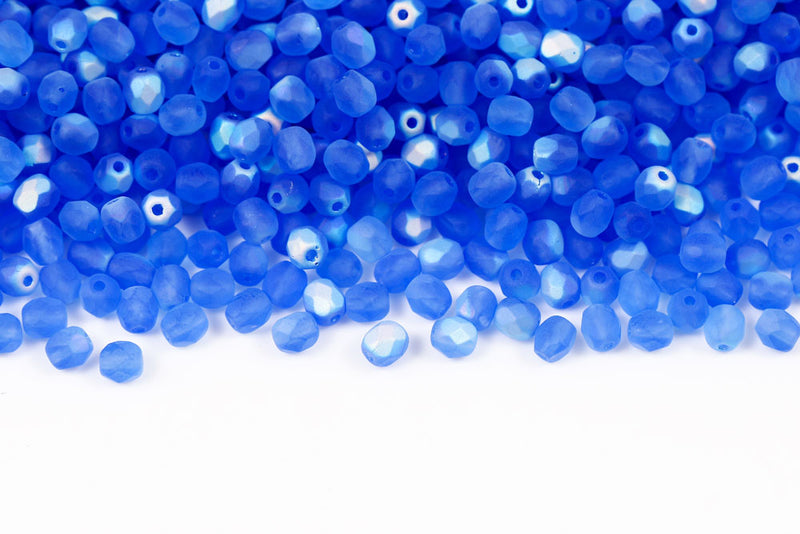 Czech Fire Polished 4mm Sapphire AB Matt Round Beads