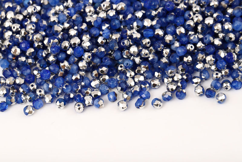 Czech Fire Polished 4mm Opal White&Blue Labrador Round Beads