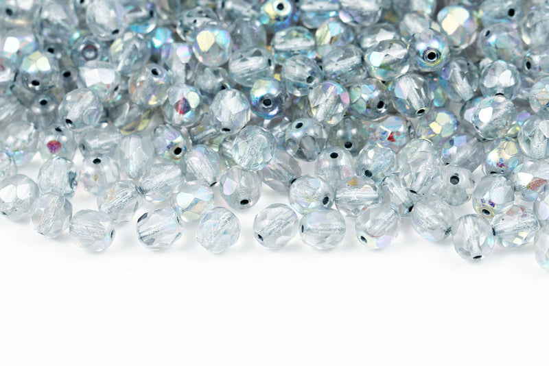 Czech Fire Polished 6mm Crystal Silver Lined AB Round Beads