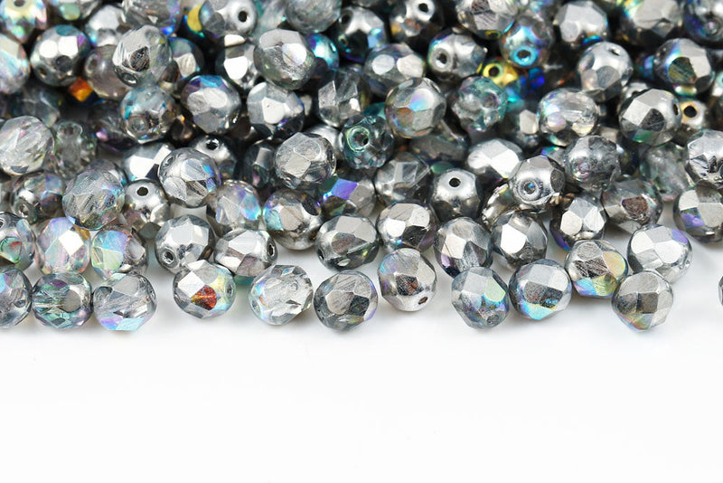 Czech Fire Polished 6mm Crystal Silver Rainbow Round Beads