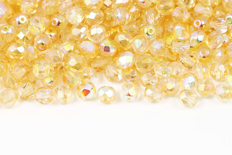 Czech Fire Polished 6mm Crystal Yellow Rainbow Round Beads