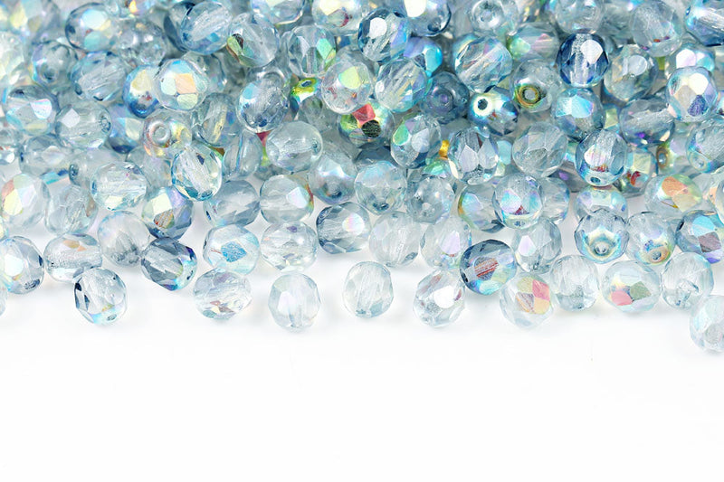Czech Fire Polished 6mm Crystal Blue Rainbow Round Beads