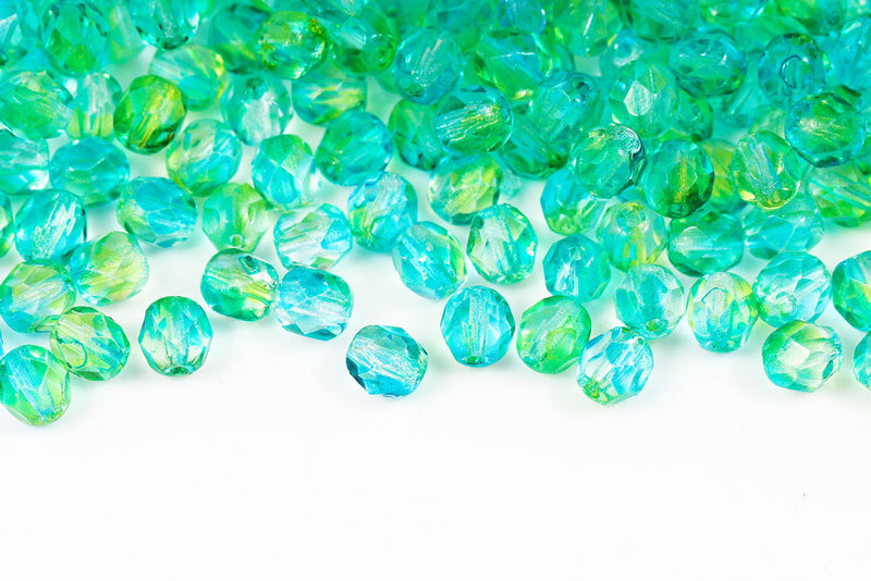 Czech Fire Polished 6mm Crystal Aqua Gradient Finish Round Beads