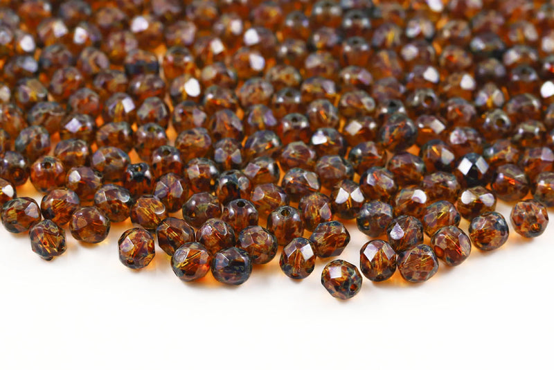 Czech Fire Polished 6mm Crystal Travertin Round Beads