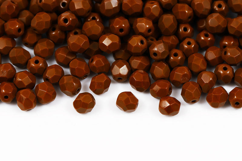 Czech Fire Polished 6mm Opaque Brown Round Beads