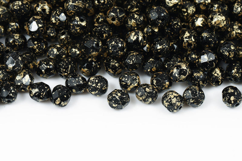 Czech Fire Polished 6mm Gold Splash Jet Round Beads