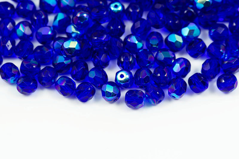 Czech Fire Polished 6mm Cobalt Blue AB Round Beads