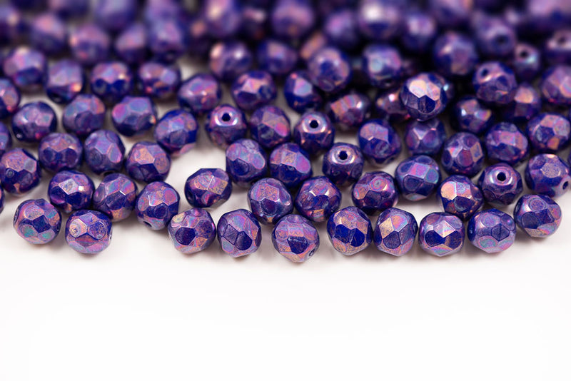Czech Fire Polished 6mm Opaque Blue Nebula Round Beads