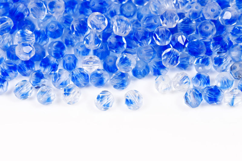 Czech Fire Polished 4mm Crystal&Sapphire Mixed Round Beads