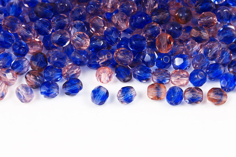 Czech Fire Polished 6mm Rose&Sapphire Mixed Round Beads