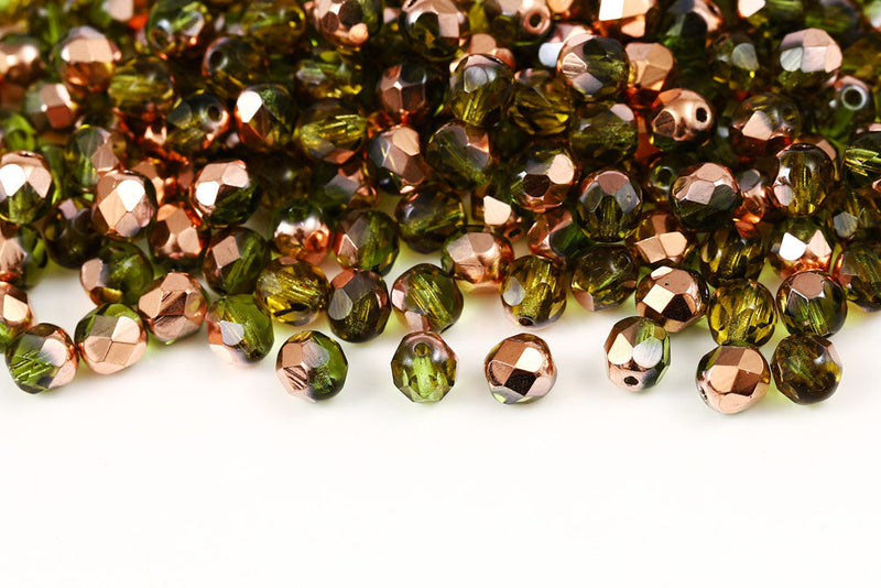 Czech Fire Polished 6mm Olivine Capri Gold Round Beads