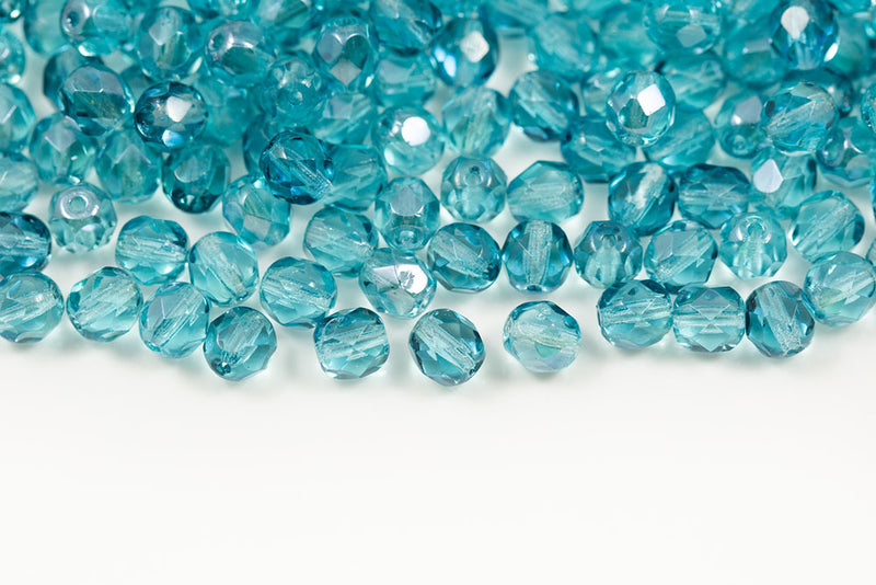 Czech Fire Polished 6mm Aquamarine Lagoon Round Beads