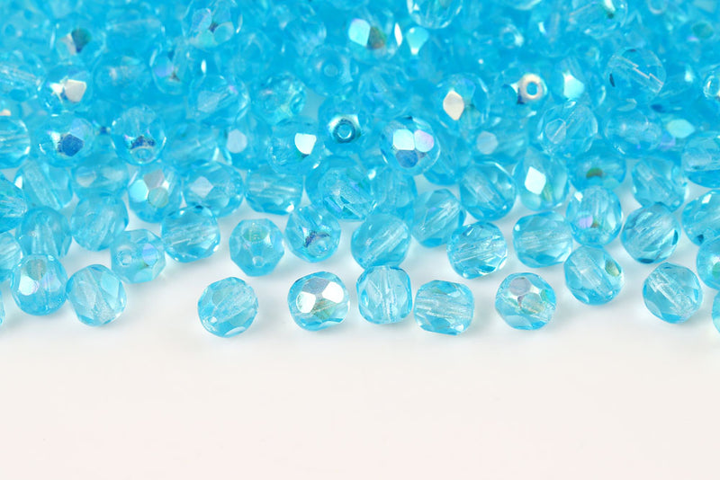Czech Fire Polished 6mm Aquamarine AB Round Beads