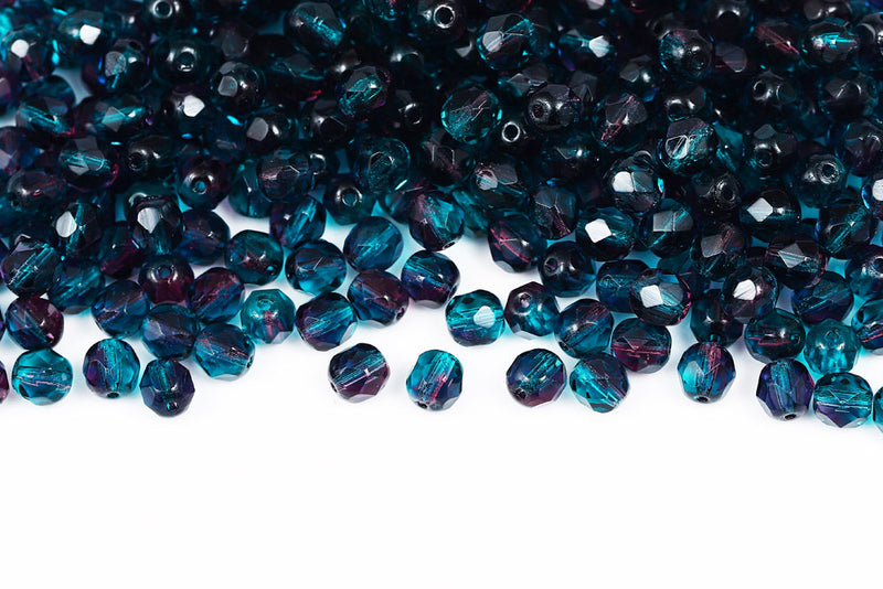 Czech Fire Polished 4mm Amethyst&Blue Zircon Round Beads