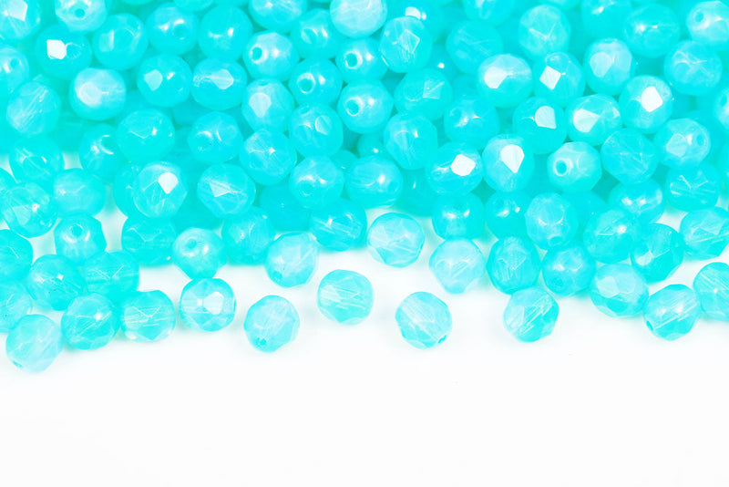 Czech Fire Polished 6mm Opal Aqua&Blue Green Round Beads