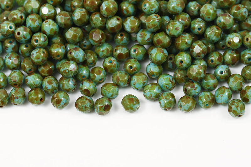 Czech Fire Polished 6mm Turquoise Blue Travertin Round Beads