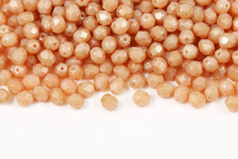 Czech Fire Polished 6mm Gold Splash Alabaster Lt.Pink Round Beads