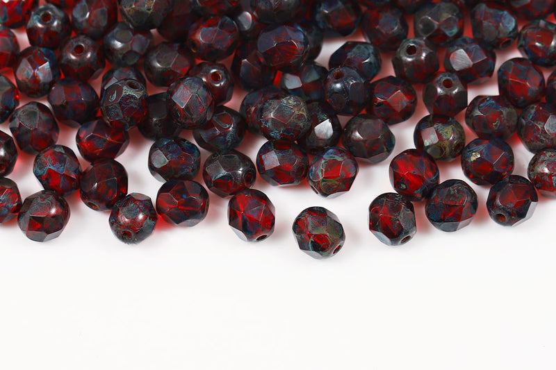 Czech Fire Polished 6mm Lt.Siam Travertin Round Beads