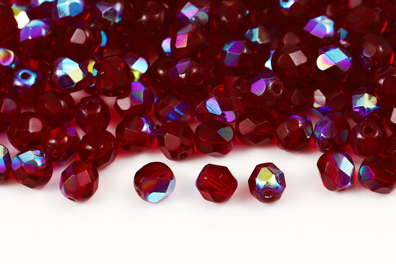 Czech Fire Polished 6mm Garnet AB Round Beads