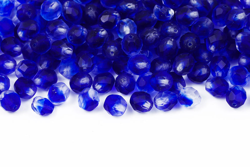 Czech Fire Polished 8mm Crystal&Cobalt Blue Mixed Round Beads