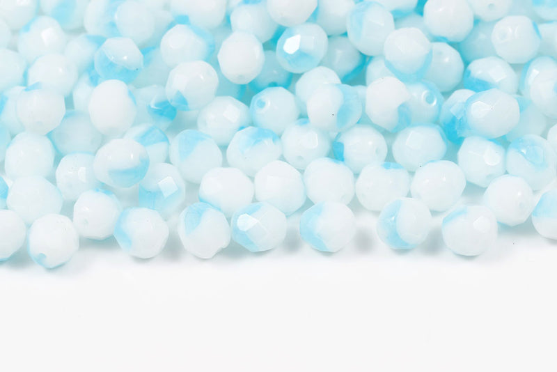 Czech Fire Polished 8mm Opal Aqua&White Mixed Round Beads