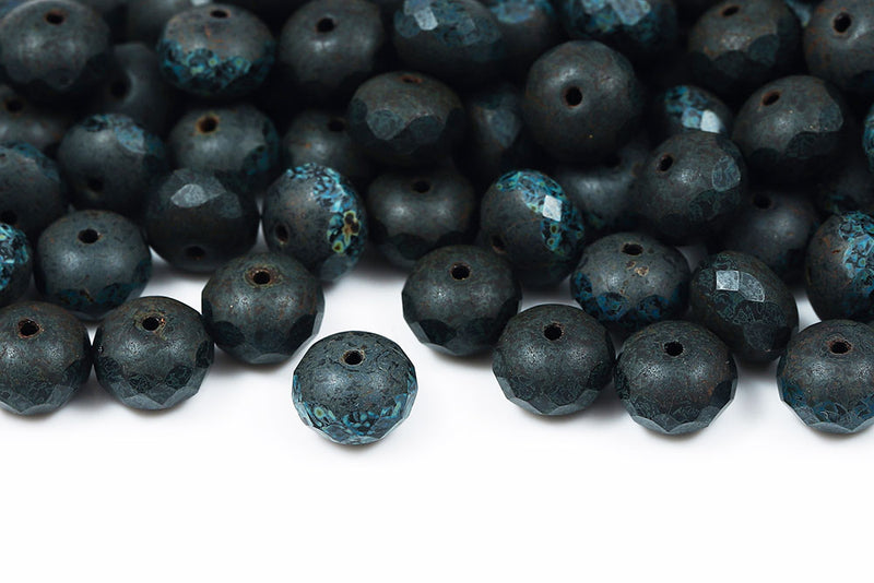 Firepolished Donuts 6×9mm Jet Travertine Czech Beads