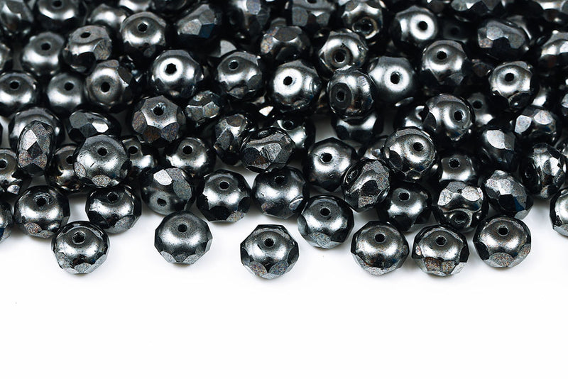 Firepolished Donuts 6×9mm Jet Luster Czech Beads