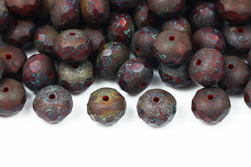 Firepolished Donuts 6×9mm Opaque Coral Red Travertin Czech Beads