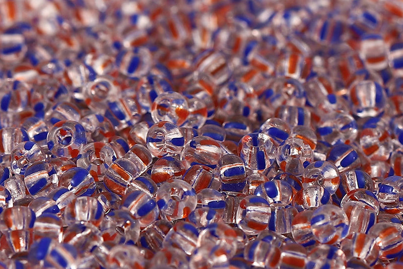 Preciosa Rocailles 8/0 Blue&Red Stripes On Crystal Col.00930