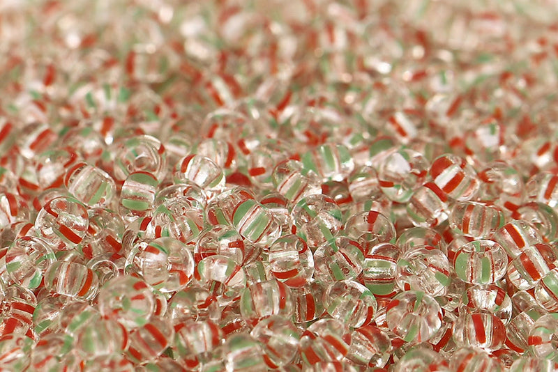 Preciosa Rocailles 6/0 Green&Red Stripes On Crystal Col.00950