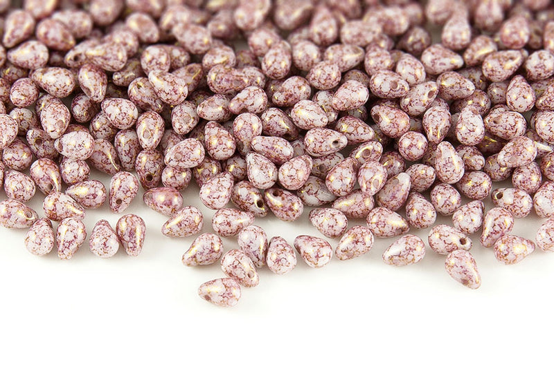 Drops 4×6mm Chalk With Gold Marble Finish Czech Beads