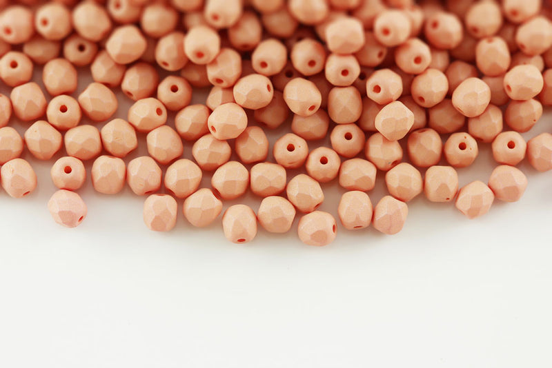 Czech Fire Polished 4mm Neon Silk Peach Round Beads