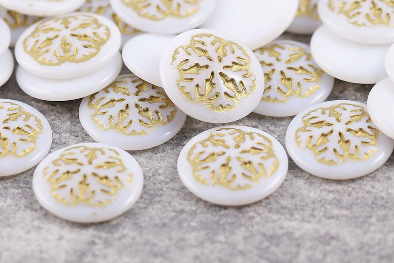 Snowflake Cabochons 21mm White With Gold Nonporous Czech Glass Beads